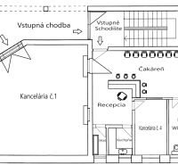 Grundriss eines Büros mit Rezeption, Wartebereich, Küche und Lagerraum.