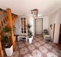 Innenraum eines Einfamilienhauses mit Treppe, Pflanzen und Fliesen in warmen Farbtönen.