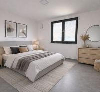 Elegantes Schlafzimmer in einem Einfamilienhaus mit elegantem Dekor und gemütlicher Atmosphäre.