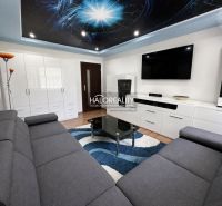 Wohnzimmer in einer Einzimmerwohnung mit dunkelgrauem Sofa, Glastisch und Boden in Holzoptik.