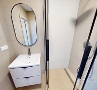 Badezimmer mit Waschbecken und Spiegel in einer 2-Zimmer-Wohnung.
