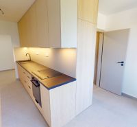 Küchenzeile in einer Zweizimmerwohnung mit sanfter Beleuchtung und hellen Holztüren.