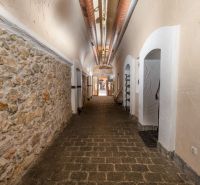 Ein Flur mit einer Steinwand und einem Gewölbedecke in den Besonderen Immobilien.