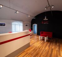 Innenraum eines Büros mit Sitzgelegenheiten und einem Boden in Holzoptik. Besondere Immobilien.