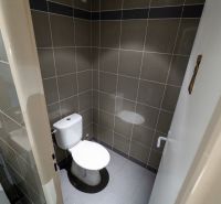 Badezimmer mit grauen Fliesen und Toilette in außergewöhnlichen Immobilien.