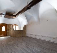 Ein Innenraum mit einem gewölbten Decken und einem Boden mit Holzdekor. Besondere Immobilien.
