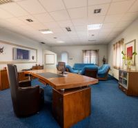 Ein Büro mit stilvollen Holzmöbeln, blauem Teppich und Sofas in besonderen Immobilien.