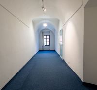 Ein enger Flur mit gewölbter Decke, Teppichboden und einem großen Fenster am Ende.