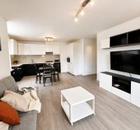 Wohnzimmer in einer 3-Zimmer-Wohnung mit Holzboden und Eckküche.