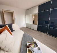 Innenraum einer 3-Zimmer-Wohnung mit Sofa, Einbauschrank und Boden mit Holzdekor.