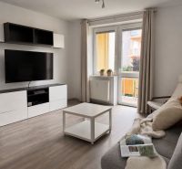 Wohnzimmer in einer 3-Zimmer-Wohnung mit Holzboden und einem Fernseher an der Wand.