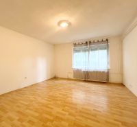 Innenraum eines Einfamilienhauses mit großem Fenster und Boden in Holzoptik.