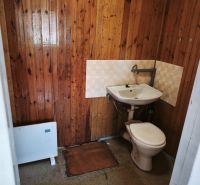 Toilette mit Holzverkleidung an den Wänden und einem einfachen Waschbecken in Geschäftsräumen.