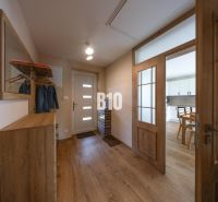 Eingangsbereich mit Schrank und Spiegel in einem Einfamilienhaus, Boden mit Holzdekor.