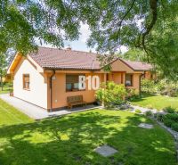 Ein Einfamilienhaus in Bíľkové Humence, umgeben von einem gepflegten Garten und grünem Rasen.