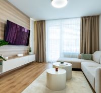 Wohnzimmer mit Holzboden, bequemer Couchgarnitur und großem Fernseher.