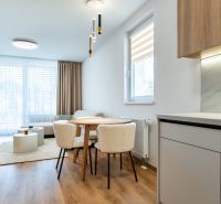 Innenraum einer 3-Zimmer-Wohnung mit heller Küche, Esstisch und Boden in Holzoptik.