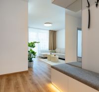 Innenraum einer 3-Zimmer-Wohnung mit Holzboden, bequemer Couch und Pflanze.