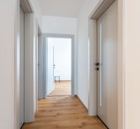 Ein Flur mit mehreren Türen und einem Boden in Holzoptik in einer 3-Zimmer-Wohnung.