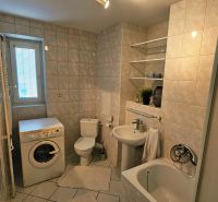 Badezimmer mit Badewanne, Dusche, Waschmaschine und Sanitäranlagen in einer 2-Zimmer-Wohnung.