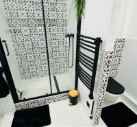 Badezimmer mit Duschkabine und schwarz-weißen Mustern in einer Einzimmerwohnung.