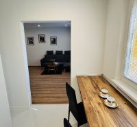 Innenraum einer Einzimmerwohnung mit Holzboden, Sofa und Tisch am Fenster.