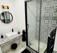Badezimmer in einer Einzimmerwohnung mit schwarz-weißen Fliesen und einer Duschkabine.