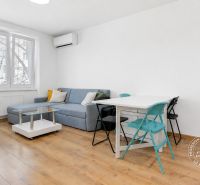 Wohnzimmer in einer 2-Zimmer-Wohnung mit Holzboden, Sofa und Esstisch.