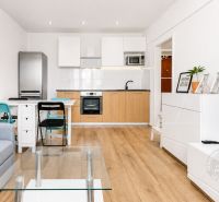 Wohnzimmer mit Küchenzeile, Holzboden und weißen Möbeln in einer 2-Zimmer-Wohnung.