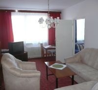 Wohnzimmer in einer Zweizimmerwohnung mit rotem Teppich und beigem Sofa.