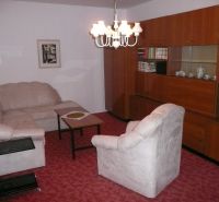 Wohnzimmer in einer Zweizimmerwohnung mit bequemen Sofas und rotem Teppich.