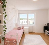 Ein Zimmer in einer 2-Zimmer-Wohnung mit einem Boden in Holzoptik, einem Bett und Regalen mit Büchern.