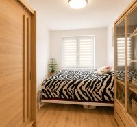 Schlafzimmer in einer 2-Zimmer-Wohnung mit Holzboden und Zebradecke.
