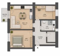Grundriss einer 2-Zimmer-Wohnung mit Einrichtung, Balkon, Boden mit Holzdekor.