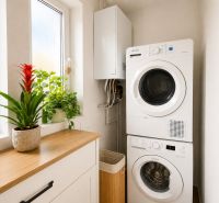 Waschmaschine und Trockner in einer 2-Zimmer-Wohnung, Dekorationen und Pflanzen auf der Fensterbank.