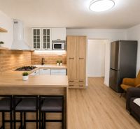 Küche in einer 2-Zimmer-Wohnung mit Ziegelverkleidung und Boden mit Holzdekor.