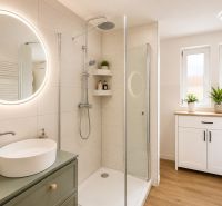 Badezimmer in einer 2-Zimmer-Wohnung mit moderner Duschkabine und Boden in Holzoptik.