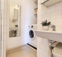 Badezimmer mit Waschmaschine, Waschbecken und Dusche in einer 2-Zimmer-Wohnung.