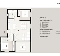 Grundriss einer 3-Zimmer-Wohnung mit Terrasse, Badezimmer und Parkplatz.