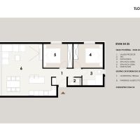Grundriss einer 3-Zimmer-Wohnung mit zwei Schlafzimmern, einem Badezimmer und einer Terrasse.