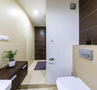 Badezimmer in einer 3-Zimmer-Wohnung mit braunen und beigen Fliesen und grüner Dekoration.