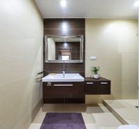 Badezimmer in einer 3-Zimmer-Wohnung mit weißem Waschbecken, dunklem Holzdekor und Spiegel.