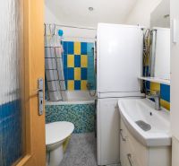 Badezimmer in einer 3-Zimmer-Wohnung mit farbigen Fliesen und einer Waschmaschine.