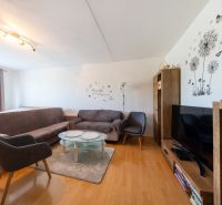 Wohnzimmer mit Sofas, Sessel, Fernseher und Holzboden in einer 3-Zimmer-Wohnung.