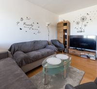 Wohnzimmer mit Holzboden, Sofa, Glastisch und Fernseher.