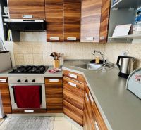Küche in einer Einzimmerwohnung mit Schränken in Holzoptik und Geräten.