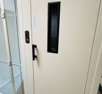 Die Tür des Personenaufzugs in einer Einzimmerwohnung mit Teppichboden.