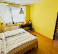 Schlafzimmer in einer Einzimmerwohnung mit Holzboden und gelben Wänden.