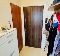 Einfacher Flur einer Einzimmerwohnung mit Fliesenboden, Schuhschrank und Kleiderhaken.