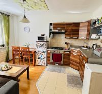 Küche mit Holzelementen und Esstisch in einer Einzimmerwohnung.